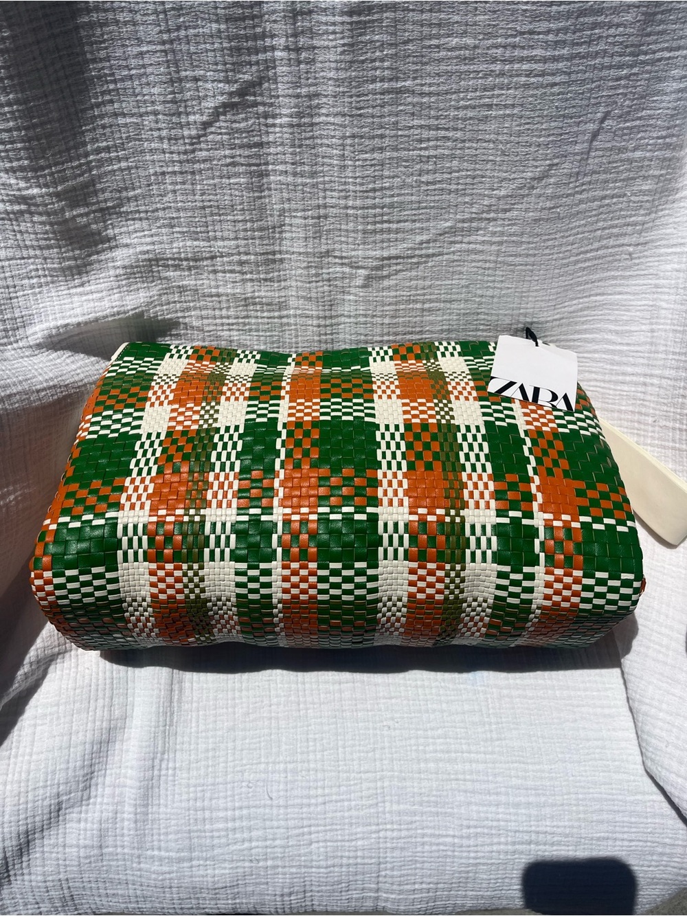 Zara Green White Orange Woven clutch bag